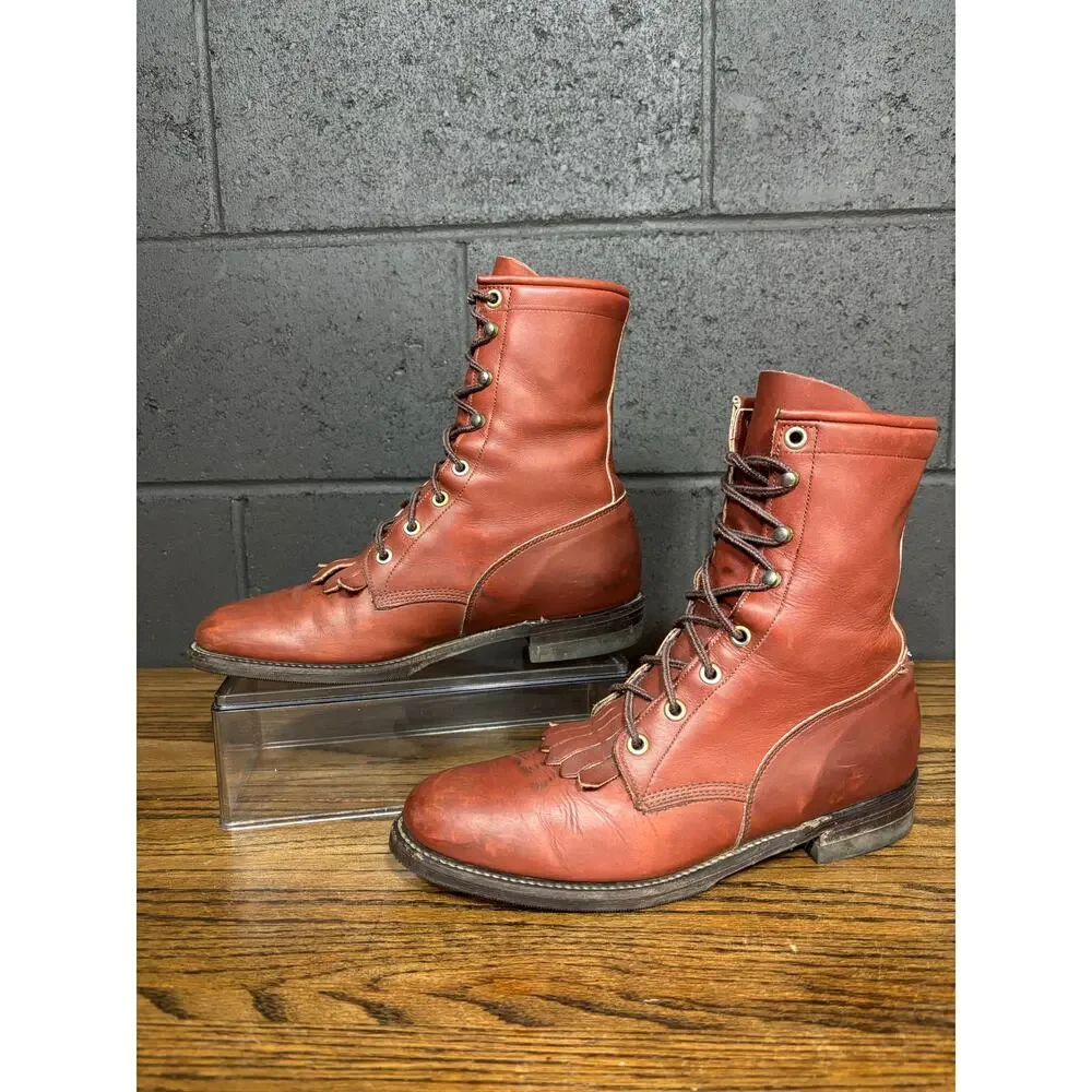 Vintage Justin Lace Up Roper Boots Burgundy Leather Kiltie USA Women’s 7.5 - Picture 2 of 9